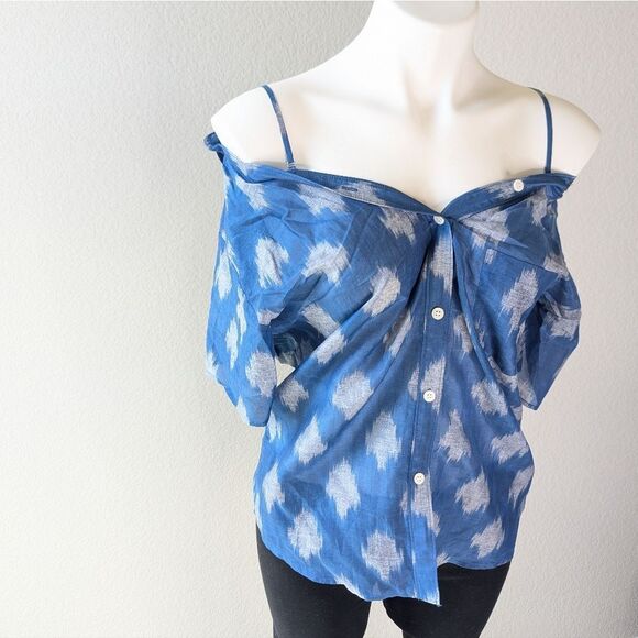 Theory Blue Patterned Off-Shoulder Blouse - Picture 6 of 8